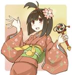  blush blush_stickers border drum flower gradient gradient_background hair_bobbles hair_flower hair_ornament high_ponytail instrument japanese_clothes kimono looking_at_viewer lowres mitsudomoe_(shape) obi open_mouth original rattle_drum sash senhappyaku short_hair simple_background smile solo tomoe_(symbol) 