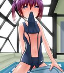  blue_eyes blush breasts crotch_rub gradient_hair hair_bobbles hair_ornament kickboard masturbation mouth_hold multicolored_hair navel nipples original purple_hair pussy pussy_juice rei_no_pool school_swimsuit short_hair side_ponytail small_breasts solo swimsuit tears unzipped yasutake 