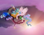  blush cloud crown cutie_mark discord_(mlp) draconequus duo equine eye_contact falleninthedark fangs female friendship_is_magic gold hand_on_face horn horse male mammal my_little_pony necklace pony princess_celestia_(mlp) purple_eyes red_eyes sky smile sparkles stars sun sunset vector-brony winged_unicorn wings 