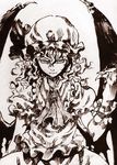  ascot azuki_(azuki-taste) bat_wings brooch calligraphy_pen_(medium) hat hat_ribbon highres jewelry looking_at_viewer mob_cap monochrome puffy_sleeves remilia_scarlet ribbon short_sleeves solo touhou wings wrist_cuffs 
