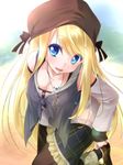  blonde_hair blue_eyes blush breasts chloe_lemaire girlfriend_(kari) hat highres jewelry kochipu large_breasts long_hair looking_at_viewer necklace open_mouth pantyhose smile solo 