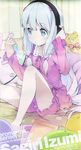  absurdres bed blue_eyes bow character_name copyright_name eromanga_sensei hair_bow headphones highres izumi_sagiri kanzaki_hiro long_hair magazine official_art pajamas pillow sidelocks silver_hair sitting solo stuffed_animal stuffed_toy teddy_bear very_long_hair 