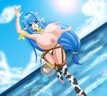 1girl absurdres areolae arm_up bell blue_eyes blue_hair breasts female gigantic_breasts highres hokuou_fuhai horns kazuma_yamane long_hair nipples ocean oean open_mouth pointy_ears shiny shiny_skin smile sun tail thighs topless very_long_hair 