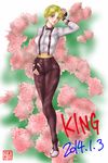  blonde_hair blue_eyes blush character_name croupier dated fingerless_gloves floral_background flower gloves hand_on_hip highres jun_tamayochan king_(snk) lipstick makeup nail_polish pants rose sash short_sword solo sword the_king_of_fighters weapon 