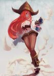  bare_shoulders beckbook blue_eyes boots breasts cleavage gun handgun hat hips large_breasts league_of_legends long_hair navel pistol red_hair sarah_fortune solo weapon 