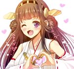  ;p bare_shoulders blush brown_hair detached_sleeves double_bun fan hair_ornament hairband headgear heart heart_hands japanese_clothes kantai_collection kongou_(kantai_collection) long_hair nontraditional_miko one_eye_closed open_mouth portrait purple_eyes smile solo tongue tongue_out translated youshuu 