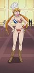  american_flag_bikini bikini boots breasts bubble_blowing chef_hat chewing_gum cleavage cowboy_boots flag_print green_eyes hands_on_hips hat highres medium_breasts monica_adenauer navel orange_hair screencap side-tie_bikini solo_focus swimsuit twintails yakitate!!_japan 