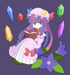  bad_id bad_pixiv_id book bow crystal flower hat long_hair multicolored_hair nosada patchouli_knowledge purple_background purple_eyes purple_hair ribbon touhou 