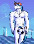  anthro bgn coach convenient_censorship equine friendship_is_magic hat horn male mammal my_little_pony nude outside pubes shining_armor_(mlp) sky soccer_ball solo unicorn whistle 