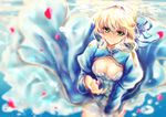  ahoge artoria_pendragon_(all) blonde_hair dress fate/stay_night fate_(series) green_eyes hair_ribbon petals ribbon saber solo yuki_hikari 