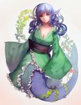 bad_id bad_pixiv_id blue_eyes breasts cleavage collarbone head_fins hoshimawa japanese_clothes kimono large_breasts long_hair looking_at_viewer mermaid monster_girl obi plant sash smile solo touhou vines wakasagihime wide_sleeves 