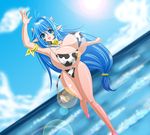  1girl absurdres animal_ears arm_up bell bikini blue_eyes blue_hair breasts cow_ears cow_girl cow_horns cow_print cow_tail female gigantic_breasts highres hokuou_fuhai horns kazuma_yamane long_hair ocean oean open_mouth original pointy_ears shiny shiny_skin smile solo sun swimsuit tail thighs very_long_hair water 