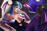  bare_shoulders bat_wings breasts bridal_gauntlets demon_girl elbow_gloves gloves green_hair head_wings large_breasts lips long_hair md5_mismatch melody_(chukairi) morrigan_aensland pantyhose resized sitting succubus throne upscaled vampire_(game) wings 