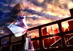  building cloud cloudy_sky detached_sleeves gohei green_hair hair_tubes kochiya_sanae long_hair railing revision ryosios shirt skirt sky skyscraper solo sunset tokyo_(city) tokyo_tower touhou transparent very_long_hair wide_sleeves 