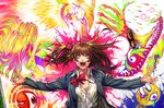  asymmetrical_clothes bandages bow brown_hair crazy green_eyes hair_bow highres irohara_mitabi long_hair messy_hair open_mouth original outstretched_arms partially_undressed psychedelic shoes single_shoe smile solo spread_arms surreal 