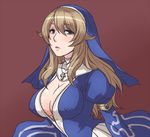  armband blonde_hair blue_eyes breasts brown_background cleavage cross habit large_breasts long_hair looking_at_viewer mole open_mouth queen's_blade queen's_blade_rebellion sigui_(queen's_blade) solo teru_suzu upper_body 