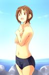  1girl androgynous banana food fruit kikuma525 reverse_trap swim_briefs swimsuit topless 