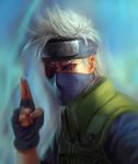  fingerless_gloves forehead_protector from_side gloves hatake_kakashi konohagakure_symbol kuji-in lasahido looking_at_viewer male_focus mask naruto naruto_(series) realistic red_eyes scar scar_across_eye serious silver_hair solo spiked_hair upper_body vest 