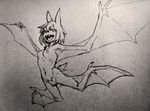  bat_wings breasts crobat fangs flying gen_2_pokemon kanemaki_thomas monochrome monster_girl navel nipples nude personification pokemon short_hair small_breasts solo tail traditional_media wings 