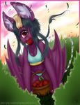  apple bat braid clothing cyclope ear_tuft female fruit fur grass green_hair hair long_hair looking_at_viewer mammal navel one_eye outside panties purple_skin red_eyes shirt sinfuldreams15 sky smile solo standing tuft underwear white_fur wings 