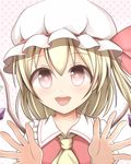 bad_id bad_pixiv_id blonde_hair bow flandre_scarlet hat hat_bow kuroganeruto open_hands red_eyes side_ponytail solo touhou wings 