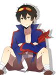  bad_id bad_pixiv_id bandages black_hair cosplay goggles green_eyes hyouka jacket male_focus open_clothes open_jacket oreki_houtarou shorts simon simon_(cosplay) sitting solo tengen_toppa_gurren_lagann yukichi_(eikichi) 