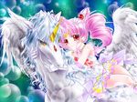  bishoujo_senshi_sailor_moon blue_background boots chibi_usa choker double_bun elbow_gloves gem gloves hair_ornament hairpin heart heart_choker helios_(sailor_moon) highres horn knee_boots magical_girl multicolored multicolored_clothes multicolored_skirt pegasus pegasus_(sailor_moon) pink_hair pink_sailor_collar red_eyes sailor_chibi_moon sailor_collar sailor_senshi_uniform short_hair skirt smile super_sailor_chibi_moon tachibana_tou tiara twintails white_gloves 