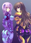  2girls armor artist_request ass blue_eyes bodysuit breasts brown_hair cryska_barchenowa fortified_suit from_behind long_hair looking_back masa_(lunaticgate) multiple_girls muvluv muvluv_alternative_total_eclipse open_mouth purple_eyes purple_hair short_hair sideboob skin_tight takamura_yui 