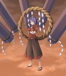  breasts crossed_arms grasspainter hair_ornament highres medium_breasts onbashira orange_sky puffy_sleeves purple_hair red_eyes rope sandals shimenawa short_hair skirt sky smile solo touhou yasaka_kanako 