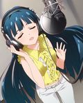  artist_request blue_hair closed_eyes headphones idolmaster idolmaster_million_live! kitakami_reika long_hair microphone music official_art open_mouth pop_filter recording_studio singing smile 