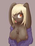  absurd_res blonde_hair breasts brown_fur chest_tuft clothing female fur hair hi_res lagomorph long_ears long_hair mammal nipples orange_eyes plain_background rabbit rottenorange solo tongue tongue_out tuft 