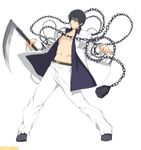  1boy abs chains kusarigama male male_focus murasame_(senran_kagura) official_art open_clothes open_shirt senran_kagura senran_kagura_(series) senran_kagura_2:_deep_crimson shirt sickle weapon yaegashi_nan 