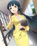  3boys :d artist_request blue_hair blush book brown_eyes formal idolmaster idolmaster_million_live! jacket jewelry kitakami_reika long_hair multiple_boys necklace official_art open_mouth pencil_skirt pointing pointing_up skirt skirt_suit smile suit teacher twintails watch 