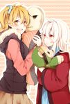  2girls bad_id bad_pixiv_id blonde_hair highres hokano hood hoodie hug kagerou_project kisaragi_momo kozakura_marry long_hair multiple_girls red_eyes side_ponytail silver_hair smile stuffed_animal stuffed_toy teddy_bear twinkle_eye 