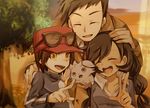  2boys blush brown_hair calme_(pokemon) closed_eyes espurr eyewear_on_head gen_6_pokemon handsome_(pokemon) hug jacket long_hair matiere_(pokemon) multiple_boys necktie open_mouth pokemon pokemon_(creature) pokemon_(game) pokemon_xy ric sunglasses sunset trench_coat yellow_eyes 