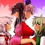  ex-keine fujiwara_no_mokou green_hair horns houraisan_kaguya kamishirasawa_keine lowres multicolored_hair multiple_girls nekokokazuma red_eyes touhou two-tone_hair yagokoro_eirin 