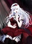  black_legwear dress fangs garter_straps hairband highres idolmaster idolmaster_(classic) long_hair looking_at_viewer my_dear_vampire nail_polish open_mouth revision shijou_takane solo thighhighs white_hair yoruniyoruyoshi 