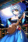  :o blue_eyes breasts cleavage eyeball eyepatch full_moon grey_hair highres instrument iri_flina jewelry korean_clothes looking_at_viewer lute_(instrument) medium_breasts moon necklace night night_sky one_eye_covered open_mouth pouch railing short_hair sky snowball22 solo standing sword_girls 