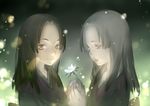  albino black_hair fireflies flower freckles glowing green_eyes highres hinata_(mushishi) hiyori_(mushishi) japanese_clothes kimono luman multiple_girls mushishi siblings silver_hair sisters twins 