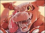  2018 animal_genitalia animal_penis chromamancer claws close-up cum cum_on_face digimon digimon_(species) digital_media_(artwork) duo erection guilmon looking_up male markings messy one_eye_closed open_mouth penis scalie simple_background smile solo_focus teeth tongue 