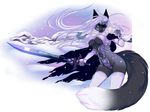  black_nose blue_eyes breasts canine clothed clothing female fluffy_tail fox fur hair looking_at_viewer mammal purple_fur purple_hair sdark391 skimpy smile snow snowing solo sword under_boob violet_fur violet_hair weapon white_fur 