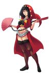  amagi_yukiko black_hair breasts chain dual_wielding fan folding_fan fusion garters greenmarine holding hood houndstooth large_breasts midriff navel odin_sphere persona persona_4 purple_eyes red_hood showgirl_skirt solo thighhighs velvet_(odin_sphere) weapon 