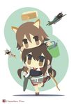  aircraft airplane akagi_(kantai_collection) animal_ears artist_name bad_id bad_pixiv_id bow_(weapon) brown_eyes brown_hair brush carrying chameleon_man_(three) crossover dog_ears flat_color kantai_collection long_hair miyafuji_yoshika mop multiple_girls short_hair shoulder_carry strike_witches water weapon world_witches_series 