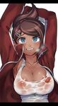  armpits arms_up asahina_aoi blue_eyes breasts brown_hair cleavage danganronpa danganronpa_1 dark_skin jacket large_breasts nanboku nipples no_bra open_clothes open_jacket solo torn_clothes track_jacket wet wet_clothes 