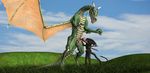  3d alien alien_(franchise) balls barbs black_body cgi claws dragon erection fangs field green_scales horn male masturbation millennium_dragon outside penis scales scalie size_difference western_dragon wings xenomorph 