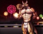  2019 5_fingers abs alcohol animal_genitalia anthro balls beverage biceps black_nose brown_fur bulge canine champagne clothing collar dog dream_and_nightmare fireworks fur german_shepherd holidays inner_ear_fluff looking_at_viewer male mammal muscular navel new_year nipples outside public sheath smile solo standing thong underwear yellow_eyes 