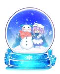  ako_(opelia) apron blue_scarf blush chibi closed_eyes hand_on_own_chest hat highres ice juliet_sleeves lavender_hair letty_whiterock long_sleeves mittens pine_tree puffy_sleeves red_scarf scarf short_hair simple_background skirt skirt_set smile snow_globe snowflakes snowman solo touhou tree waist_apron white_background 