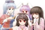  animal_ears black_hair blush braid bunny_ears carrot carrot_necklace closed_eyes comb combing commentary dress grey_eyes hair_tousle hand_in_hair hat houraisan_kaguya inaba_tewi jewelry long_hair messy_hair morioka_itari multiple_girls necklace nurse_cap open_mouth pendant pink_dress purple_hair red_eyes reisen_udongein_inaba revision shirt short_hair silver_hair smile sweat touhou very_long_hair yagokoro_eirin 