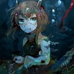  armor blood blood_in_mouth blush bow_(weapon) brown_eyes brown_hair bubble crossbow damaged headband headgear itomugi-kun kantai_collection short_hair skirt solo taihou_(kantai_collection) tears torn_clothes underwater weapon 