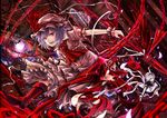  apron ascot bat boots bow chain dress full_moon hat hat_ribbon highres izayoi_sakuya kazabana_fuuka knife maid maid_headdress mob_cap moon multiple_girls open_mouth pink_dress purple_hair red_eyes remilia_scarlet revision ribbon short_hair silver_hair smile spear_the_gungnir touhou waist_apron wrist_cuffs 